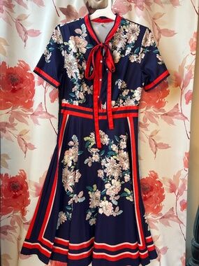 Royal purple and red ribbon tie neck dress